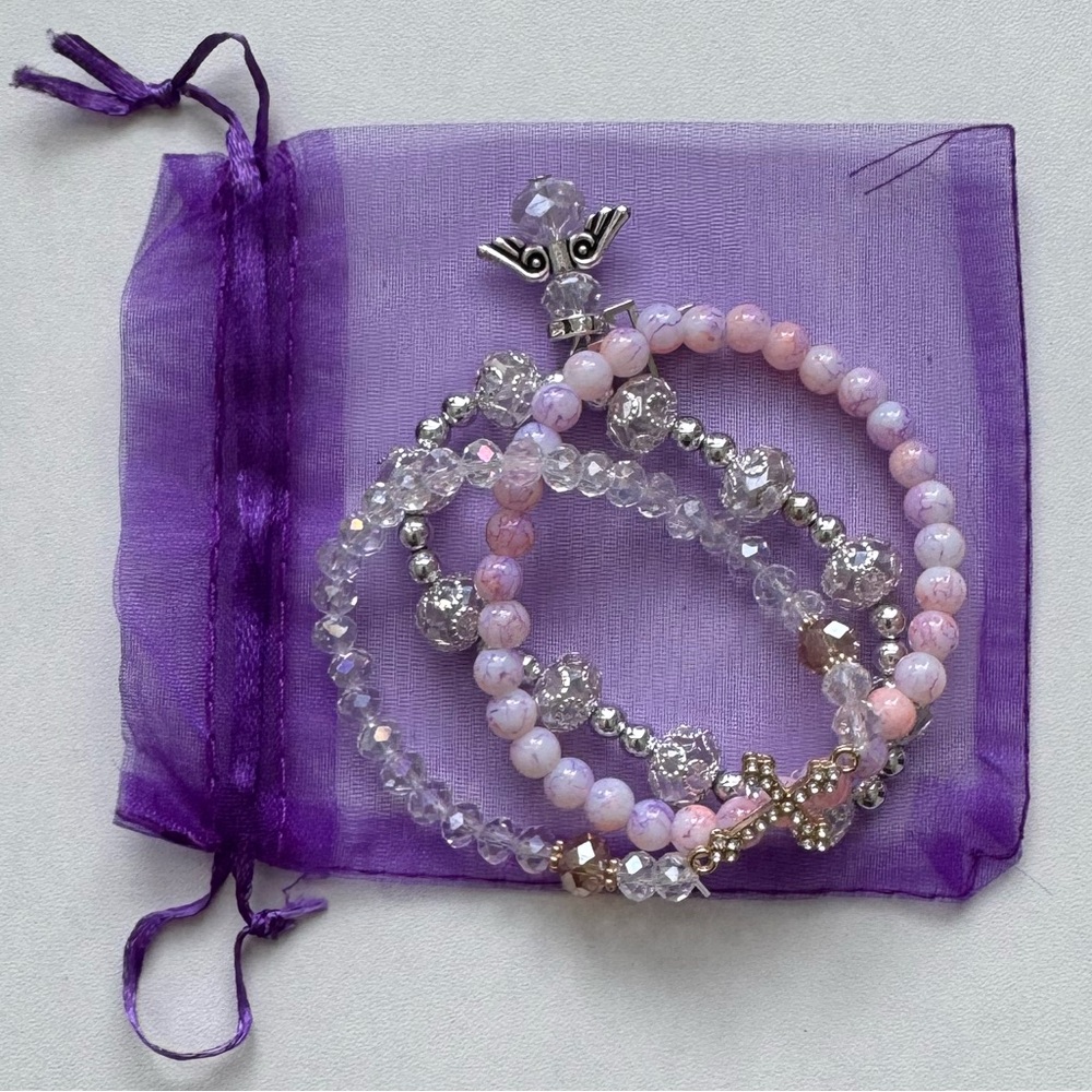 Purple and Pink Beaded Cross and Angel Bracelet Set